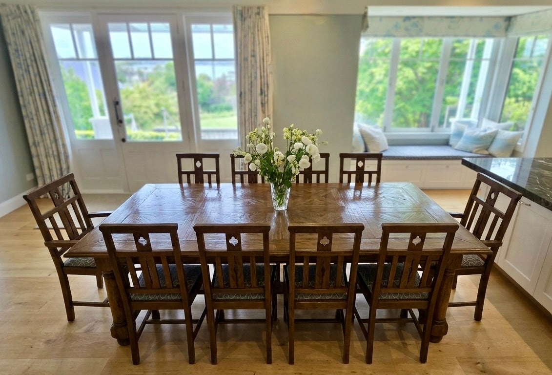 Parquet rectangular Turned leg dining table and Dining chairs